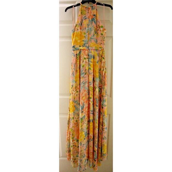 Betsy & Adam Sz 4 Pink Burnout Chiffon Print Halter Dress w/Wrap Skirt $259 - Picture 2 of 16